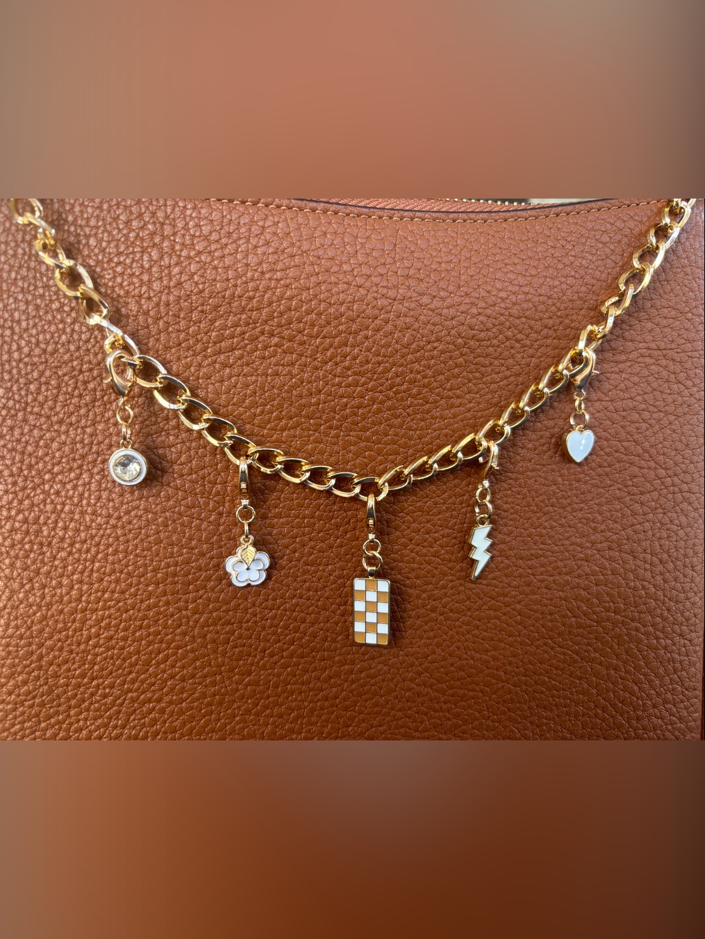 Charm Bag Chain Lightening Bolt, checker tile, flowers